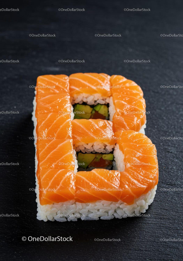 Salmon sushi shaped as number six on dark surface