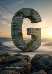 Moss covered stone letter G floating over rocky landscape