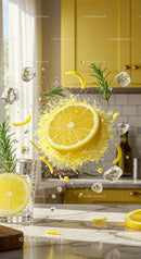 Refreshing Lemon Splash with Ice and Rosemary Herbs