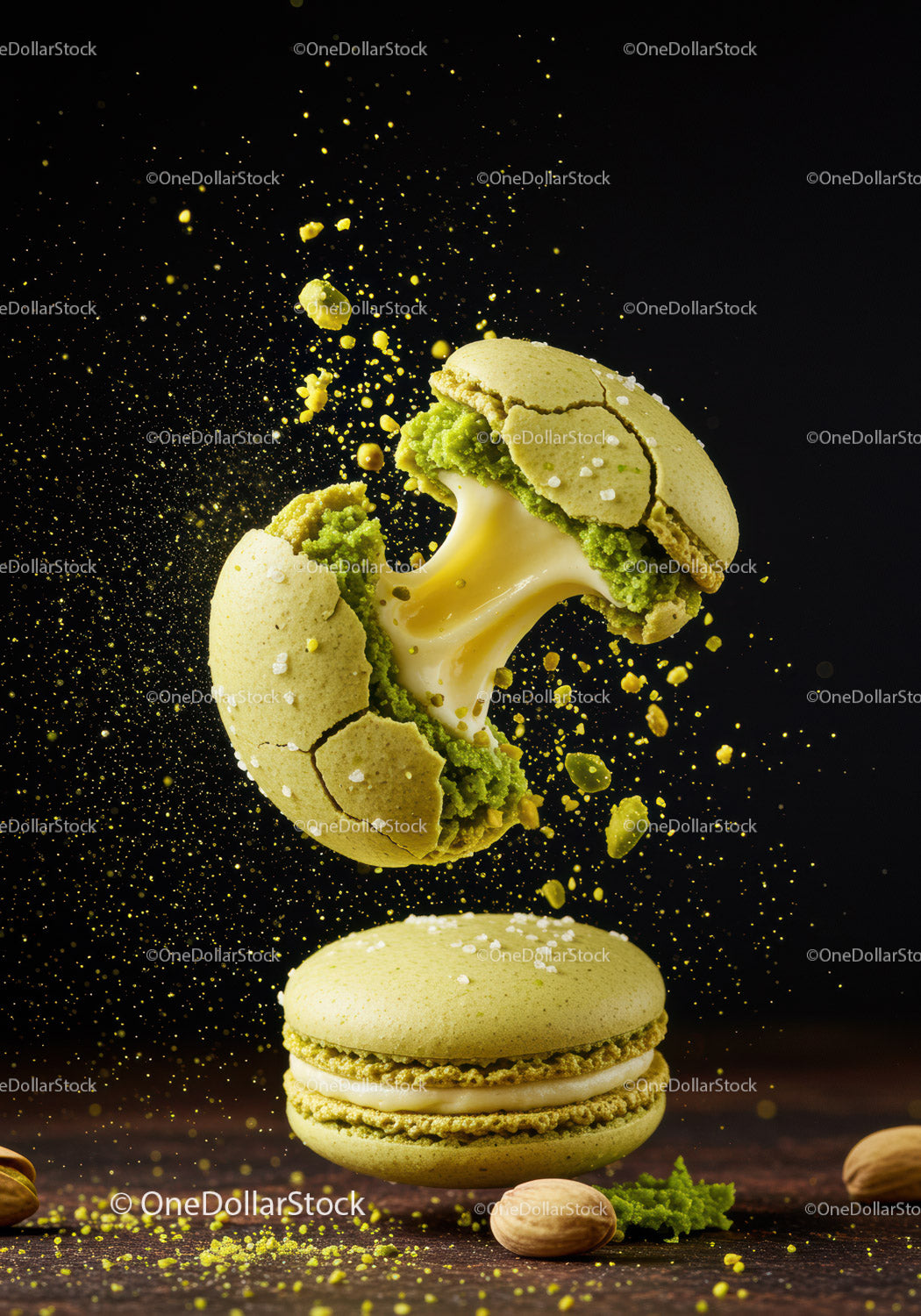 Green pistachio macarons with creamy filling in motion