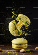Green pistachio macarons with creamy filling in motion