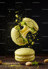 Green pistachio macarons with creamy filling in motion