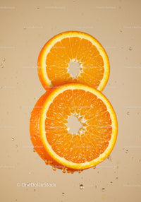 Fresh orange slices with water droplets on beige background