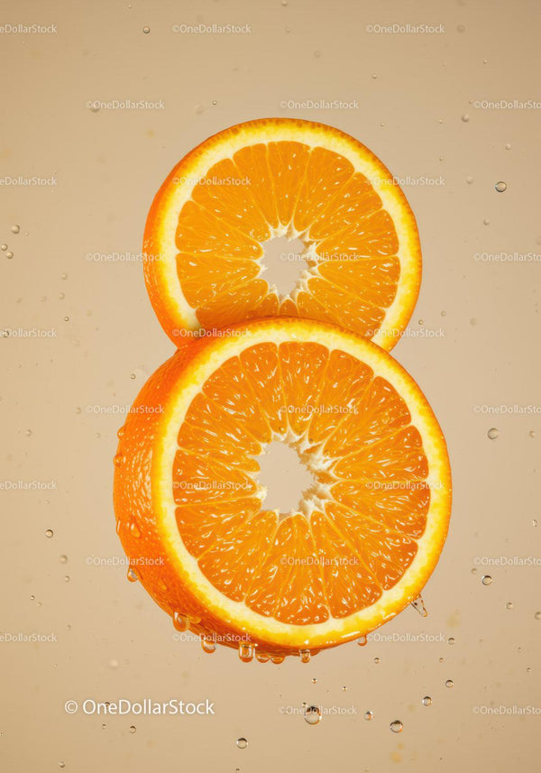 Fresh orange slices with water droplets on beige background
