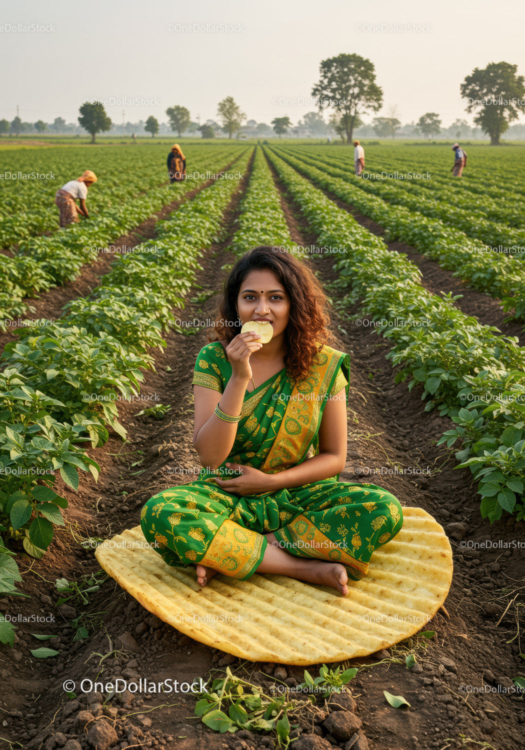 Woman in green sari eating snack in lush farm field