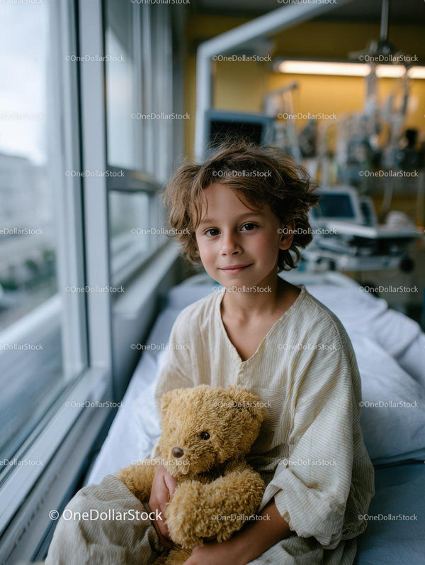 Young Boy Sitting in Hospital Bed Holding Teddy Bear