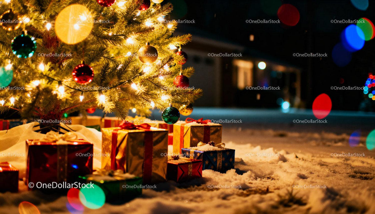 Christmas Tree with Presents on Snowy Evening