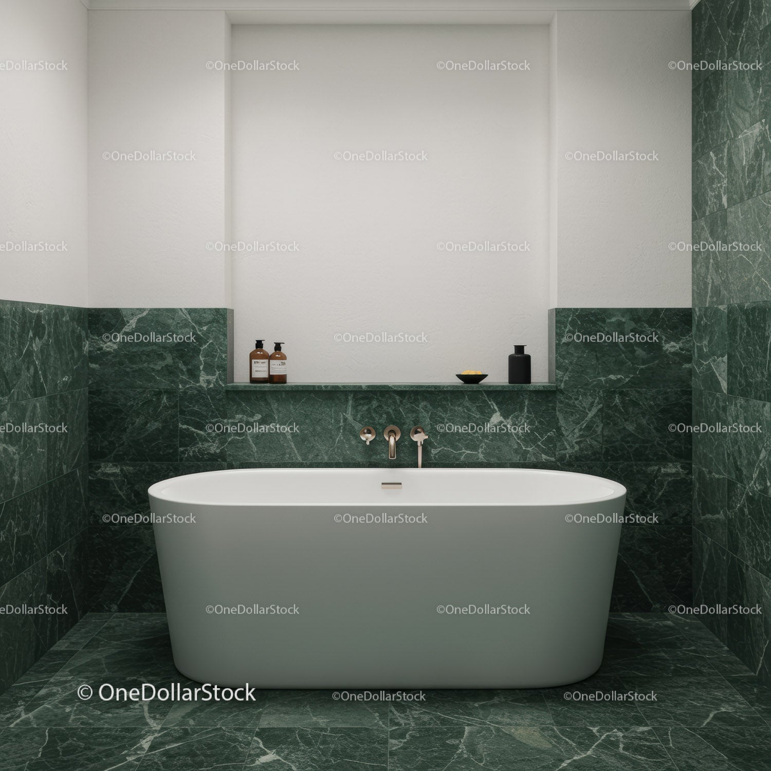 Elegant Modern Bathroom with Green Marble Wall and Freestanding Bathtub
