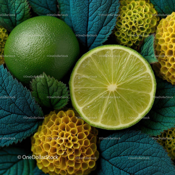 Vibrant Green Lime and Yellow Honeycomb against a Leafy Background