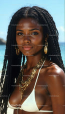 Elegant Woman with Dreadlocks and Gold Jewelry on Beach