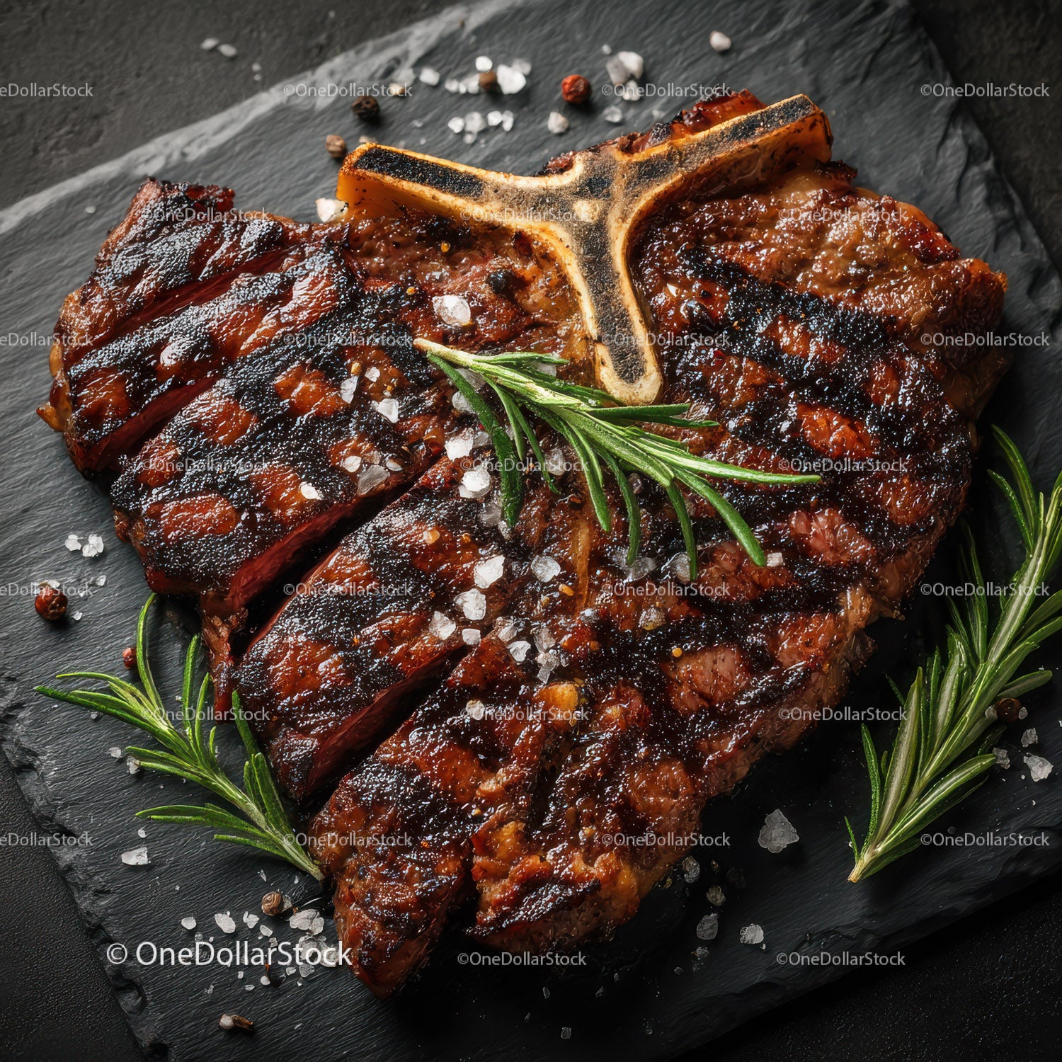Juicy Grilled Pork Ribs with Herbs on Black Slate Plate
