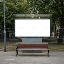 Empty city bench in front of blank outdoor billboard