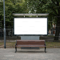 Empty city bench in front of blank outdoor billboard