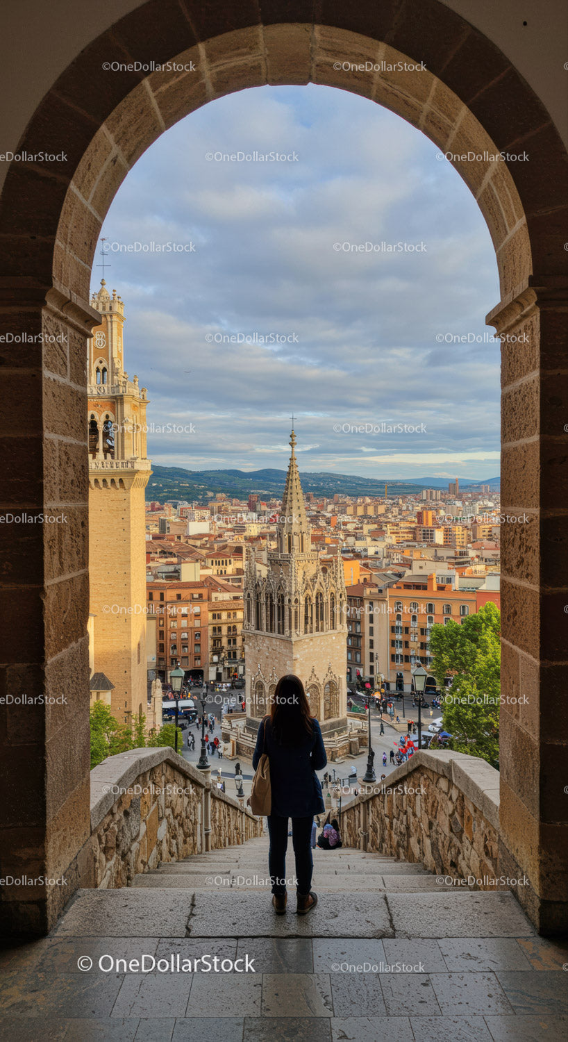 City View with Medieval Tower and Spire Through Stone Archway