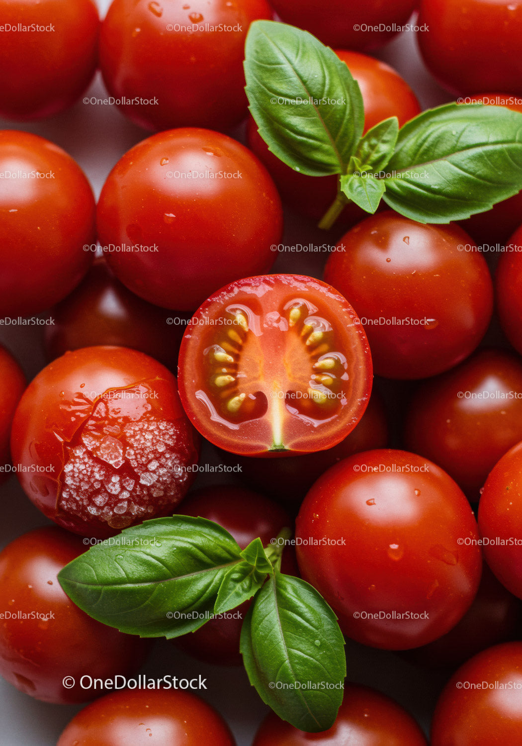 Fresh cherry tomatoes with vibrant green basil leaves