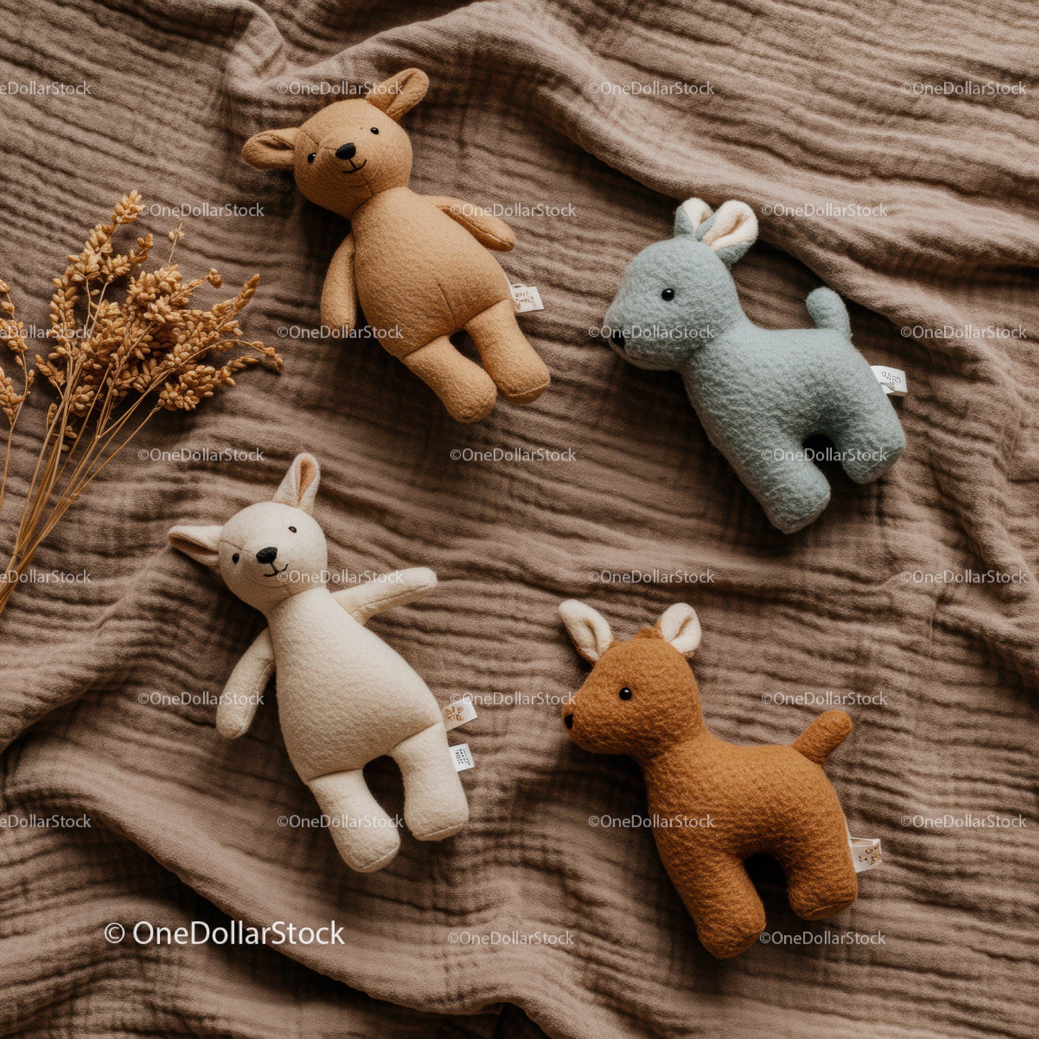 Soft Plush Woodland Animal Toys on Textured Blanket