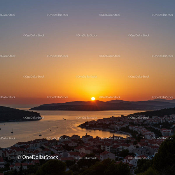 Beautiful Sunset Over Coastal Town with Boats and Hills