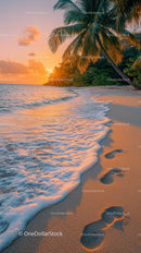 Sunset Over Tropical Beach with Palm Trees and Clear Ocean Water