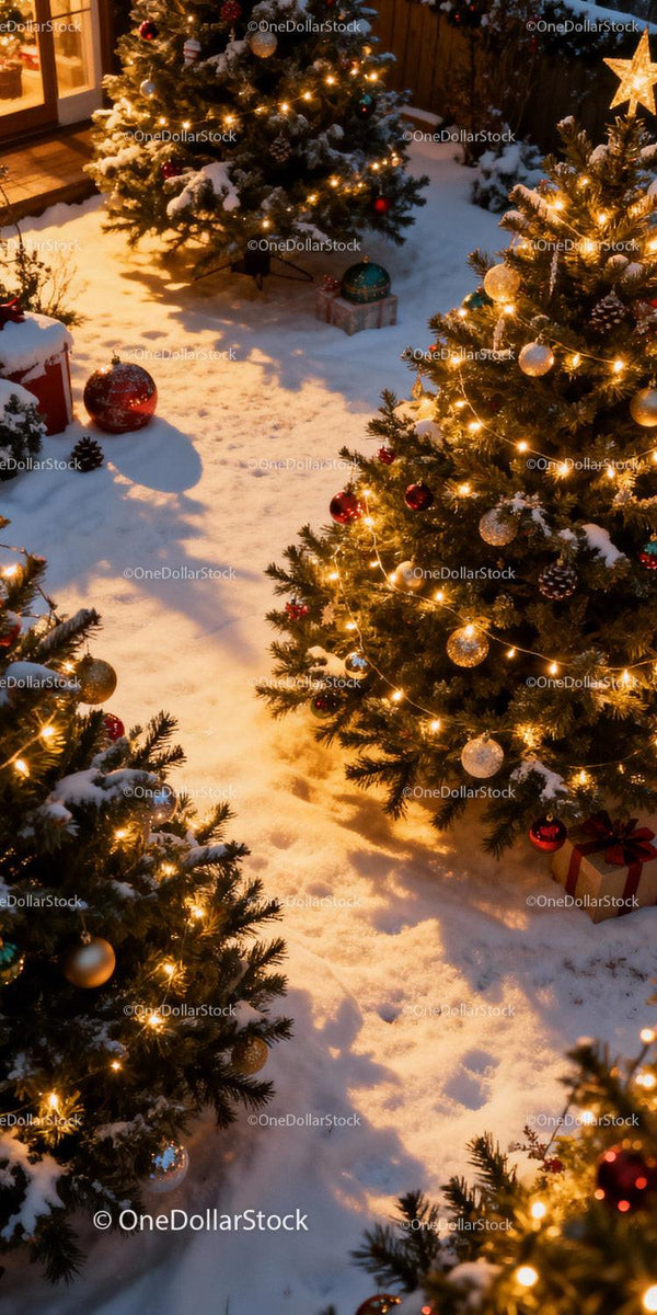 Snow-covered Christmas trees glowing with warm lights