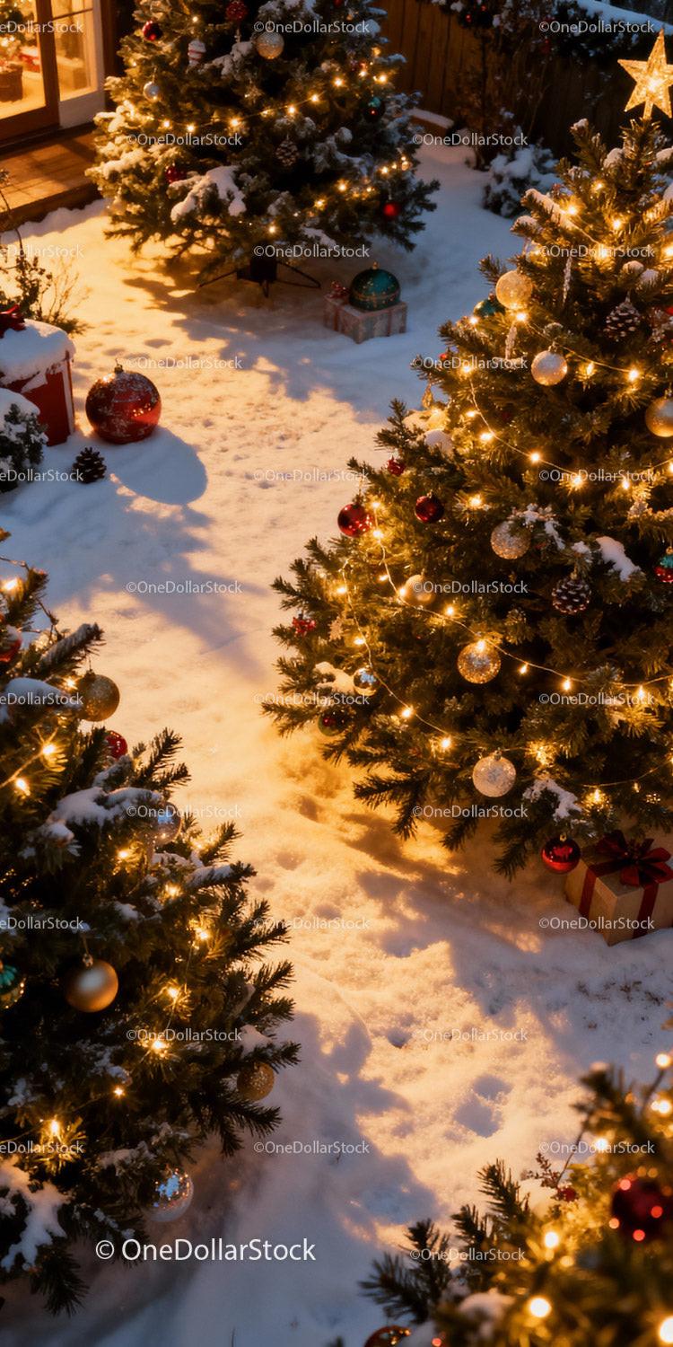 Snow-covered Christmas trees glowing with warm lights