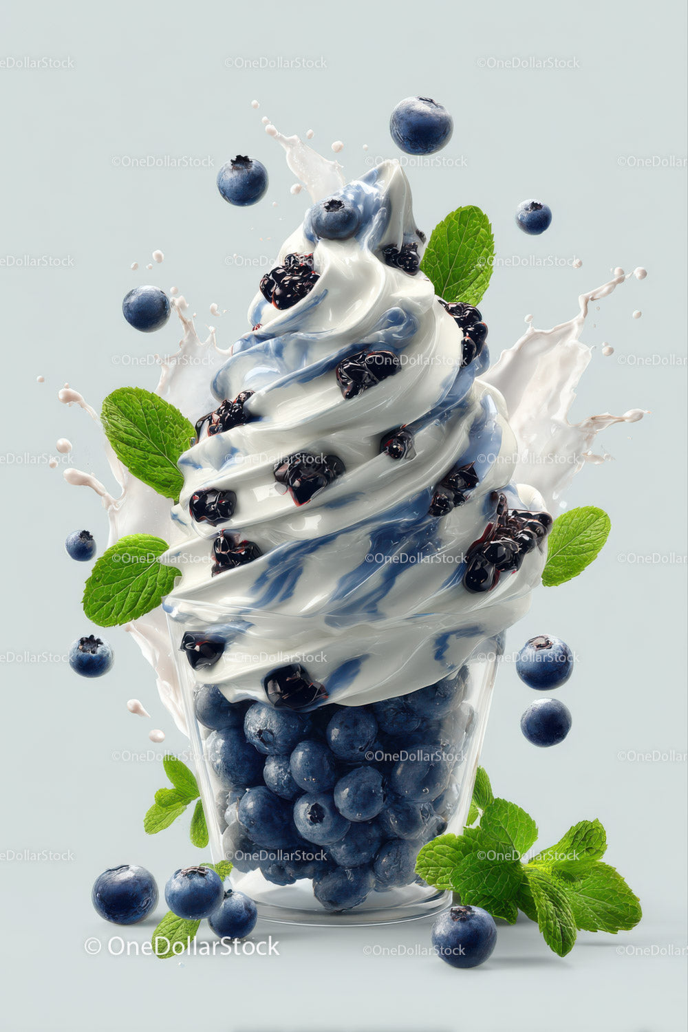 Blueberry and Mint Whipped Cream Dessert with Splash Effect