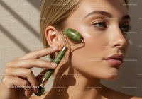 Elegant Young Woman Using Jade Facial Roller for Skincare