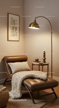 Cozy Reading Nook with Leather Chaise and Warm Lighting
