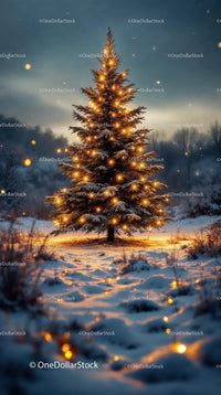 Snowy Christmas Tree Glowing with Warm Lights
