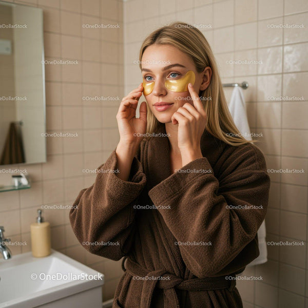 Młoda kobieta relaksująca się z złotymi płatkami pod oczy w łazience