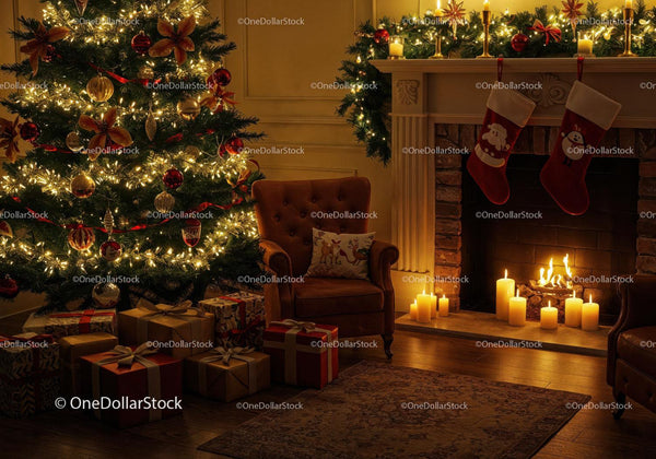 Cozy Living Room with Christmas Tree and Fireplace Glow
