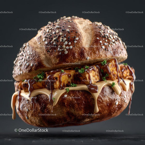 Gourmet Burger with Melted Cheese and Drizzling Sauce