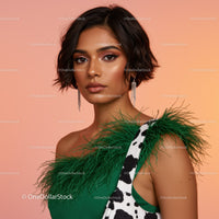 Elegant Woman with Short Wavy Hair and Green Feathers Fashion Portrait