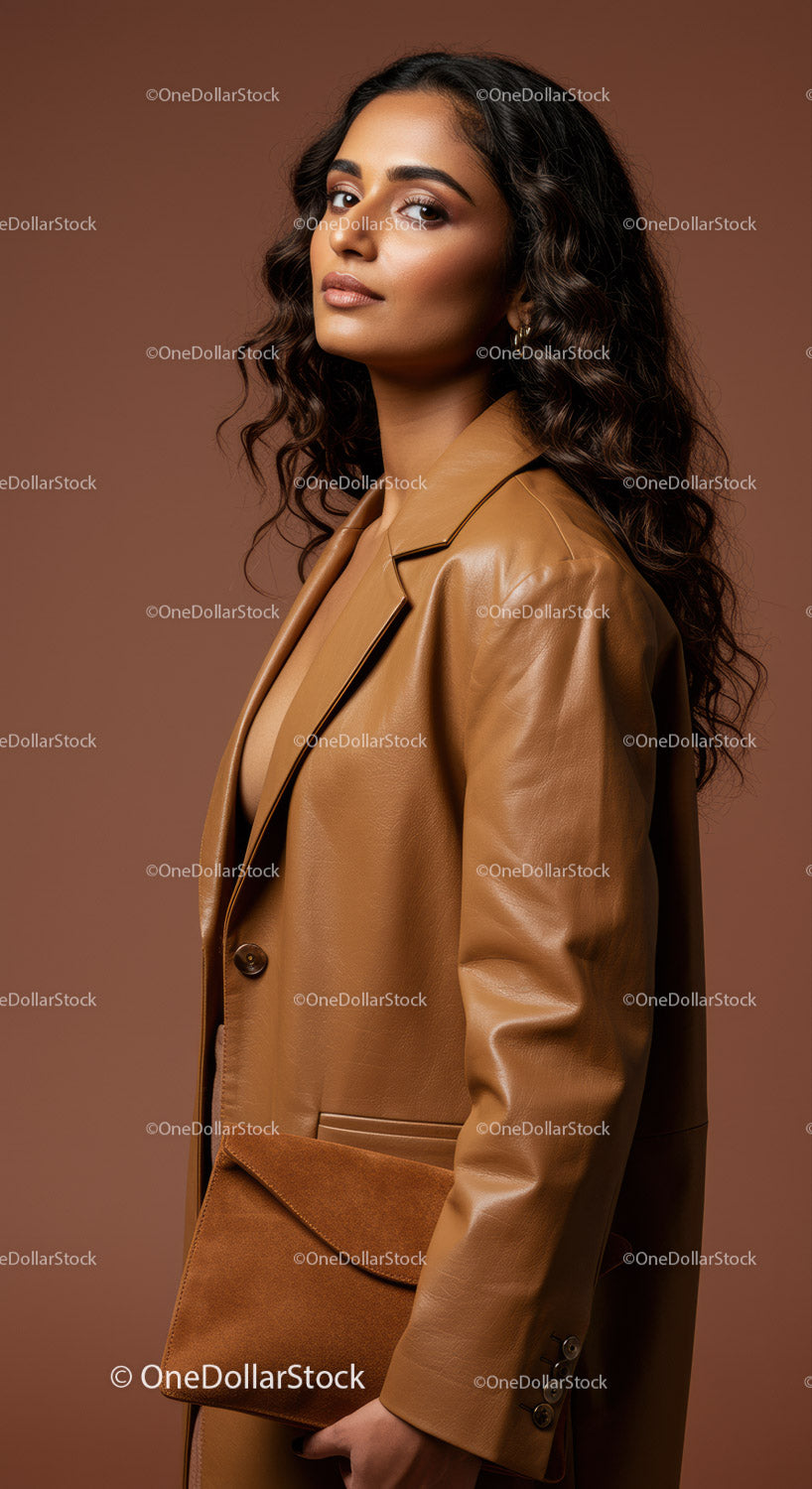 Elegant Woman in Brown Leather Blazer for Fashion and Beauty