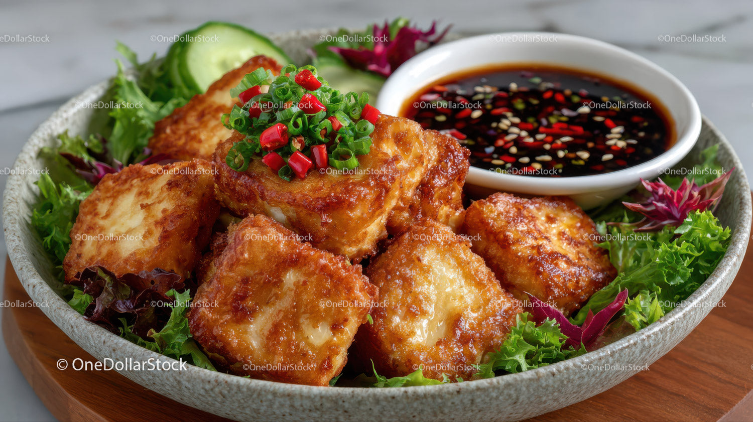 Crispy Tofu with Vegetable Garnish and Soy Dipping Sauce