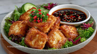 Crispy Tofu with Vegetable Garnish and Soy Dipping Sauce