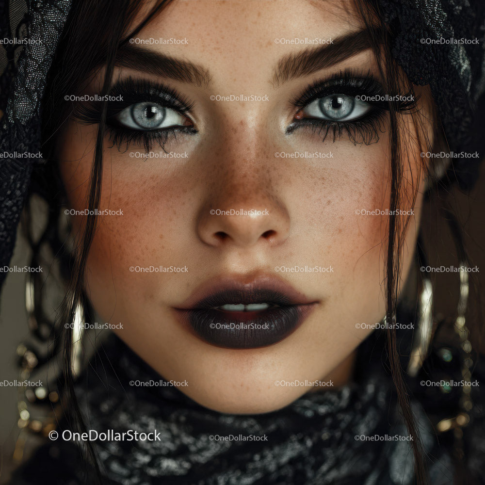 Glamorous woman with striking blue eyes and dramatic makeup