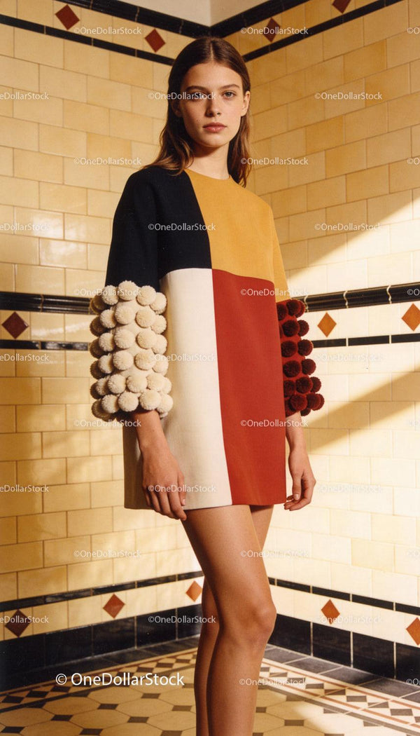 Model wearing a colorful geometric dress with textured sleeves