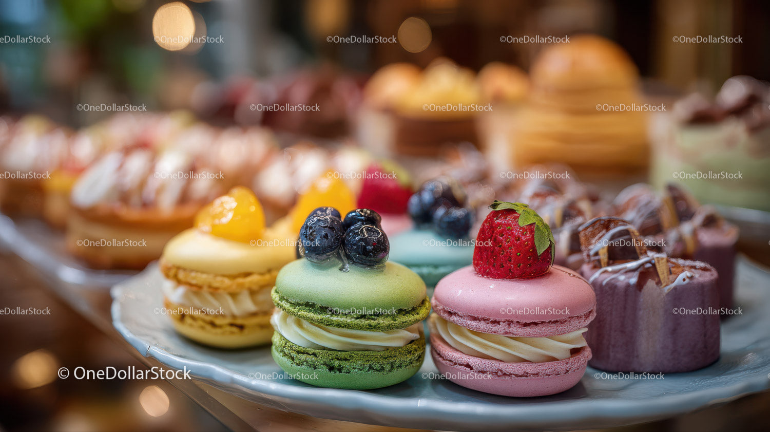 Assorted Colorful Macarons and Fruit-Topped Pastries on a Dessert Tray