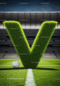Large Grass Letter V on Soccer Field with Ball