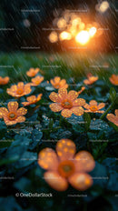 Rainy Day Flowers with Dew and Autumn Sunset