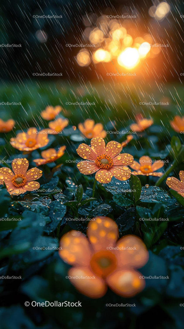 Rainy Day Flowers with Dew and Autumn Sunset