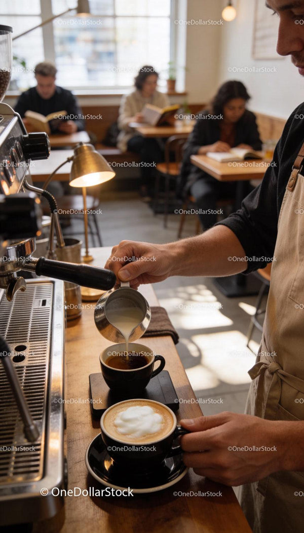 Barista pouring milk into coffee in cozy cafe