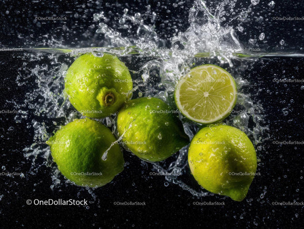 Fresh Lime Fruits with Water Splash in a Dynamic Scene