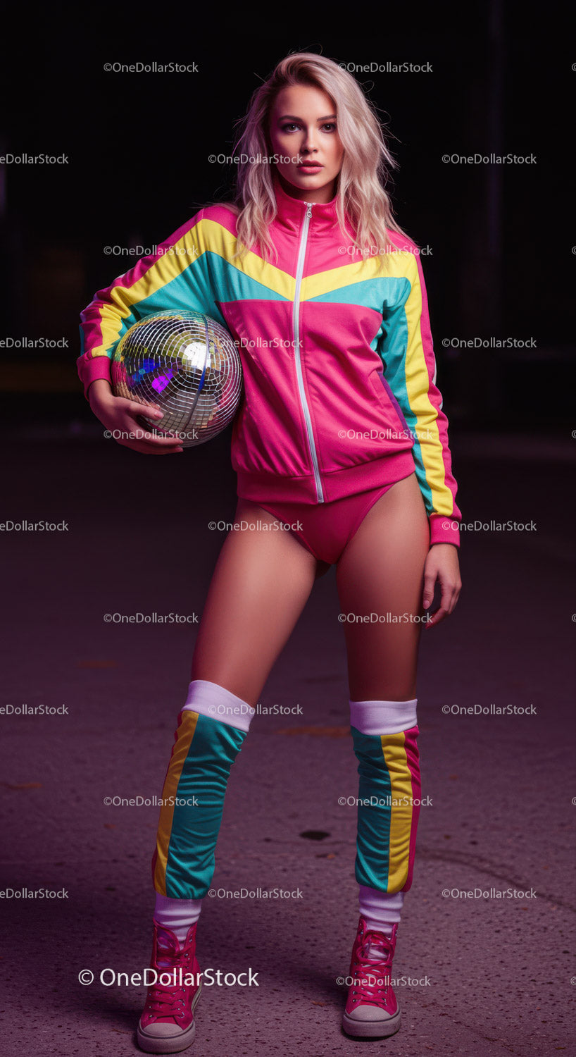 Vibrant Young Woman in Colorful Tracksuit with Disco Ball in Urban Night Scene