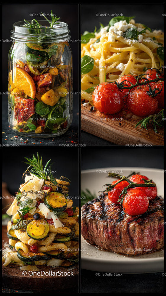 Gourmet Food Platter with Fresh Vegetables Pasta and Steak