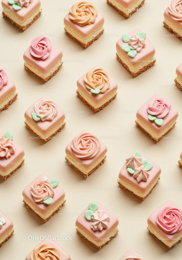 Assorted Miniature Cakes with Floral Icing Decorations