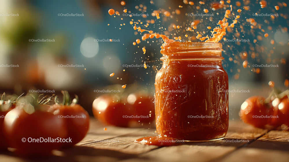 Vibrant Tomato Sauce Splash with Fresh Tomatoes in Background