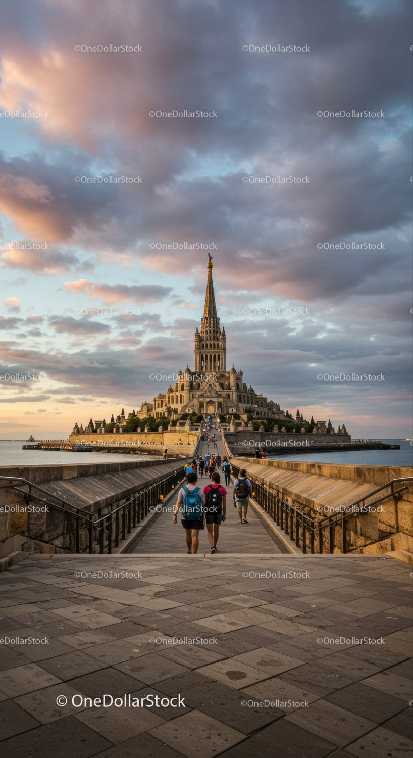 Widok na bazylikę Notre Dame de la Garde i zachodzące niebo
