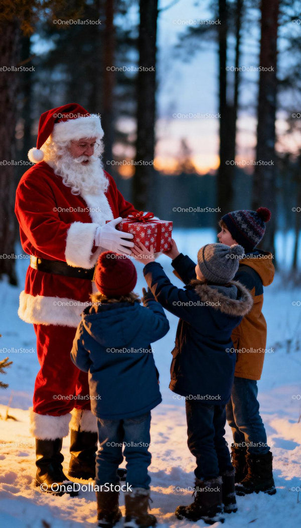 Santa Claus Giving Gift to Children in Snowy Forest