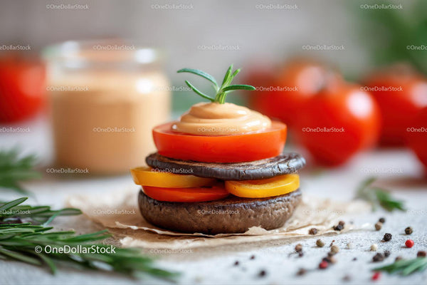 Warzywny burger z pomidorami, grzybami i sosem